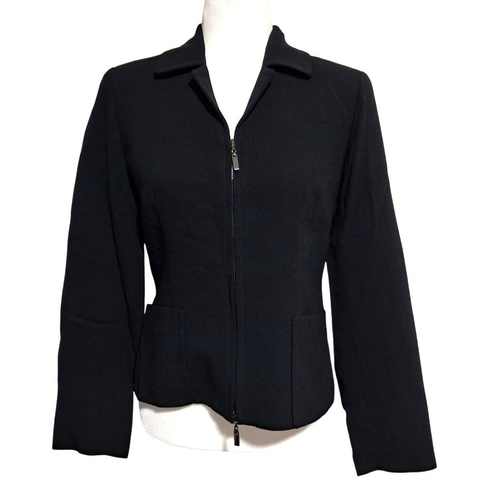 Vintage Doncaster‎ Black 100% Wool Zip Front Blazer Jacket Womens Sz 6P Chic